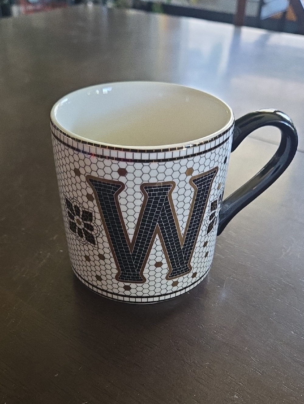 Anthropologie "W" initial Ceramic Mug With Tile Pattern, Black & Gold New